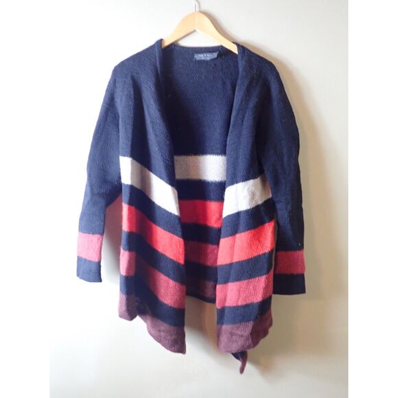 Rag Bone Sweater Large Mohair Wool Black Red Striped Cardigan Waterfall Wrap - Picture 1 of 9